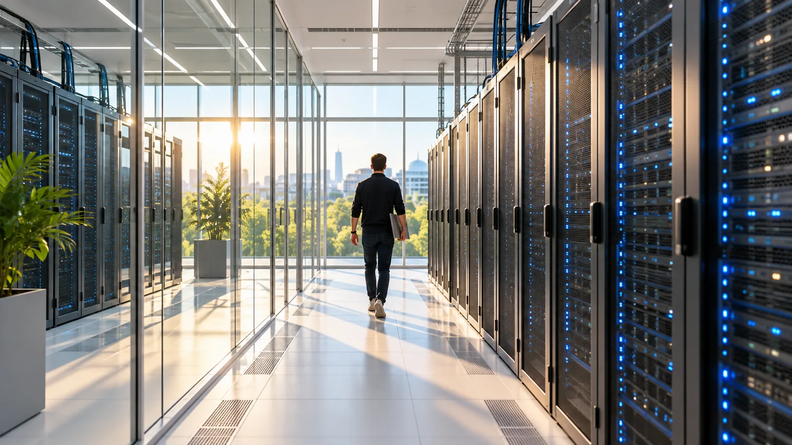 An engineer seen from behind carrying a laptop down a sunlit glass-walled server room aisle