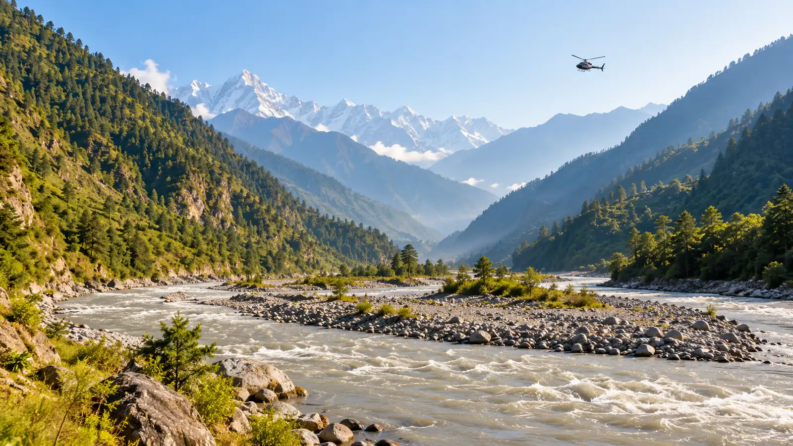 A Himalayan river valley in clear morning light, forested slopes and a fast grey river, a distant helicopter