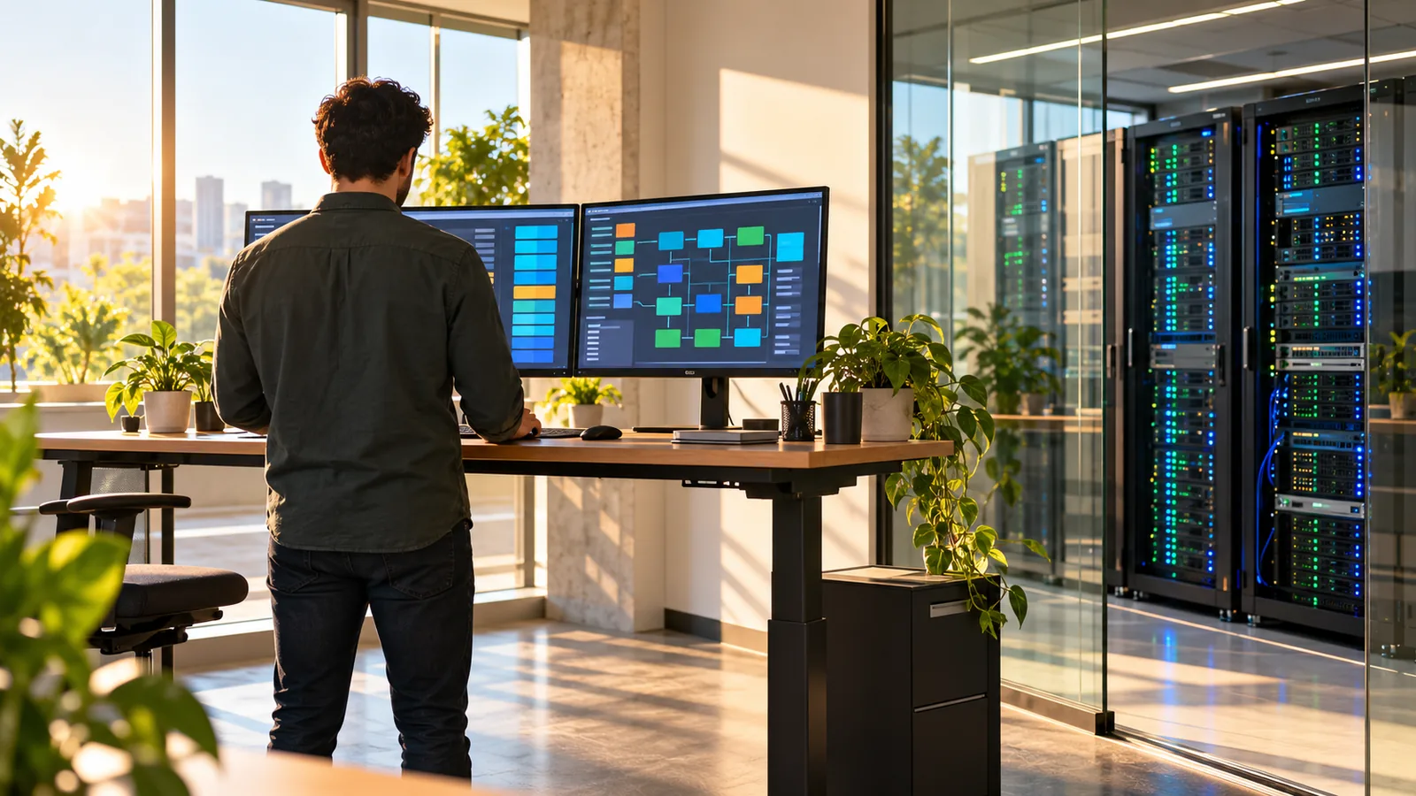 An engineer seen from behind updating servers in a bright operations room