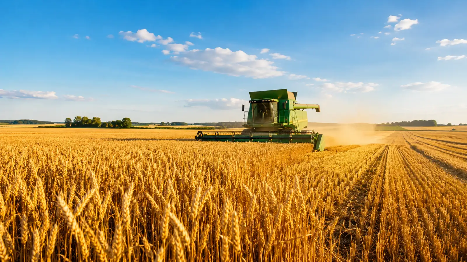 A golden wheat field at harvest in warm afternoon light, a combine working in the distance