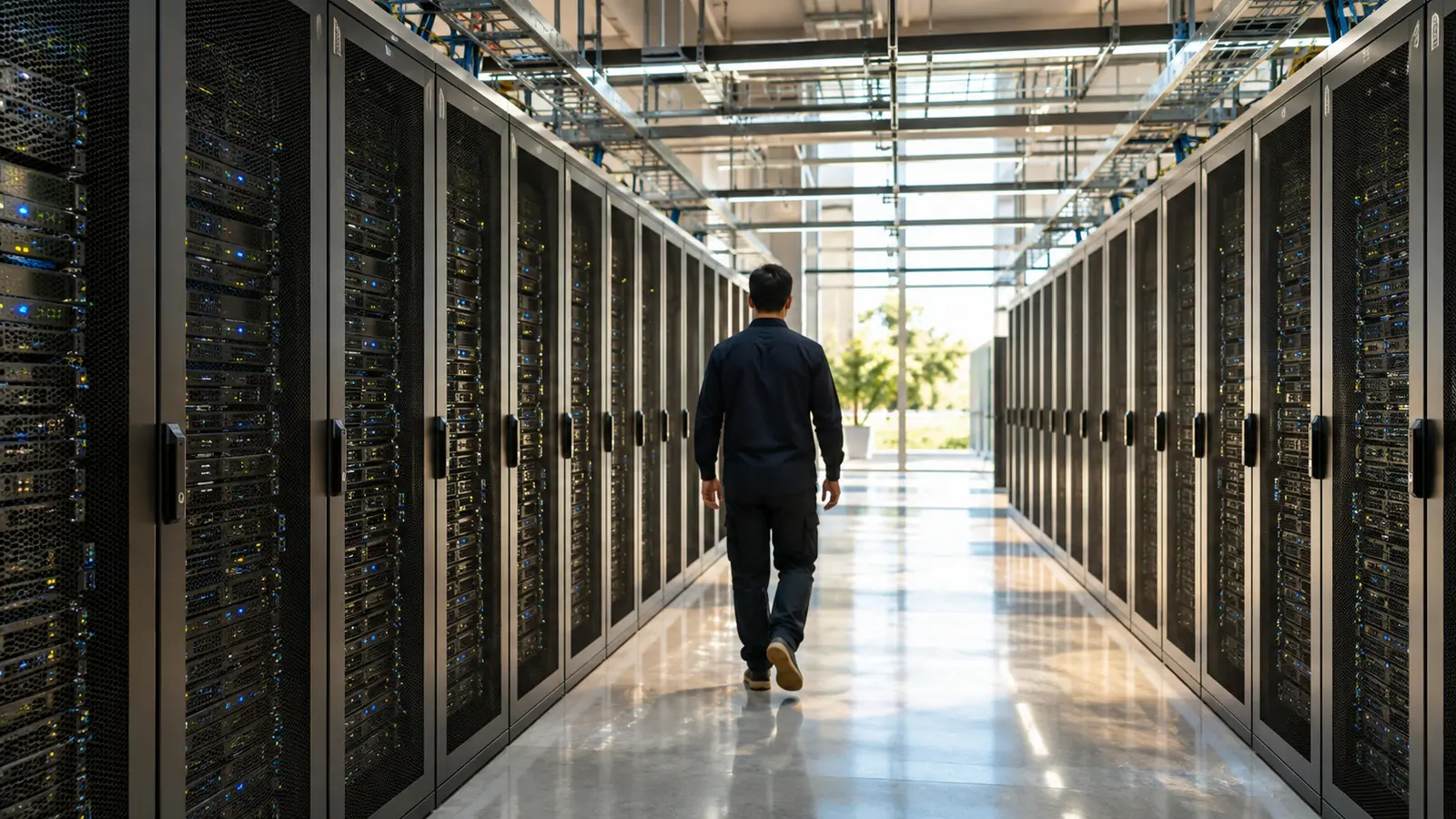 A bright data center hall, rows of server racks and a technician seen from behind