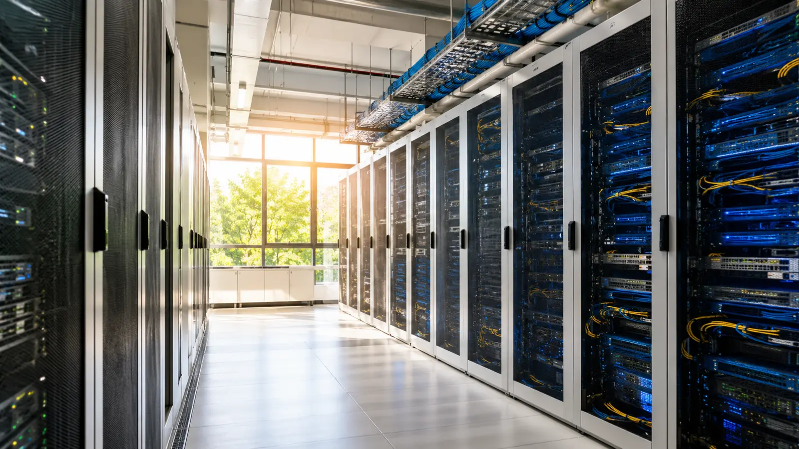 A data centre corridor lined with server racks, with daylight coming through windows at the end of the aisle