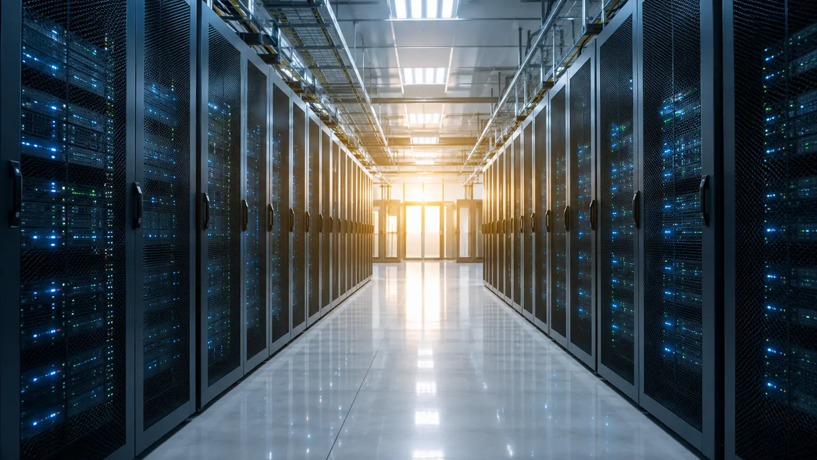 A clean data center aisle with tall server racks in neat rows and a warm light at the far end