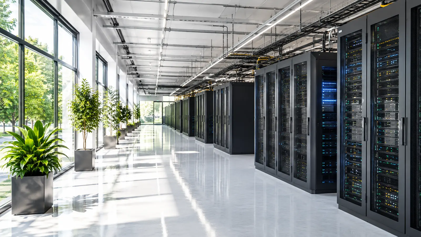 Long rows of server racks in a bright data centre hall with warm daylight coming through side windows