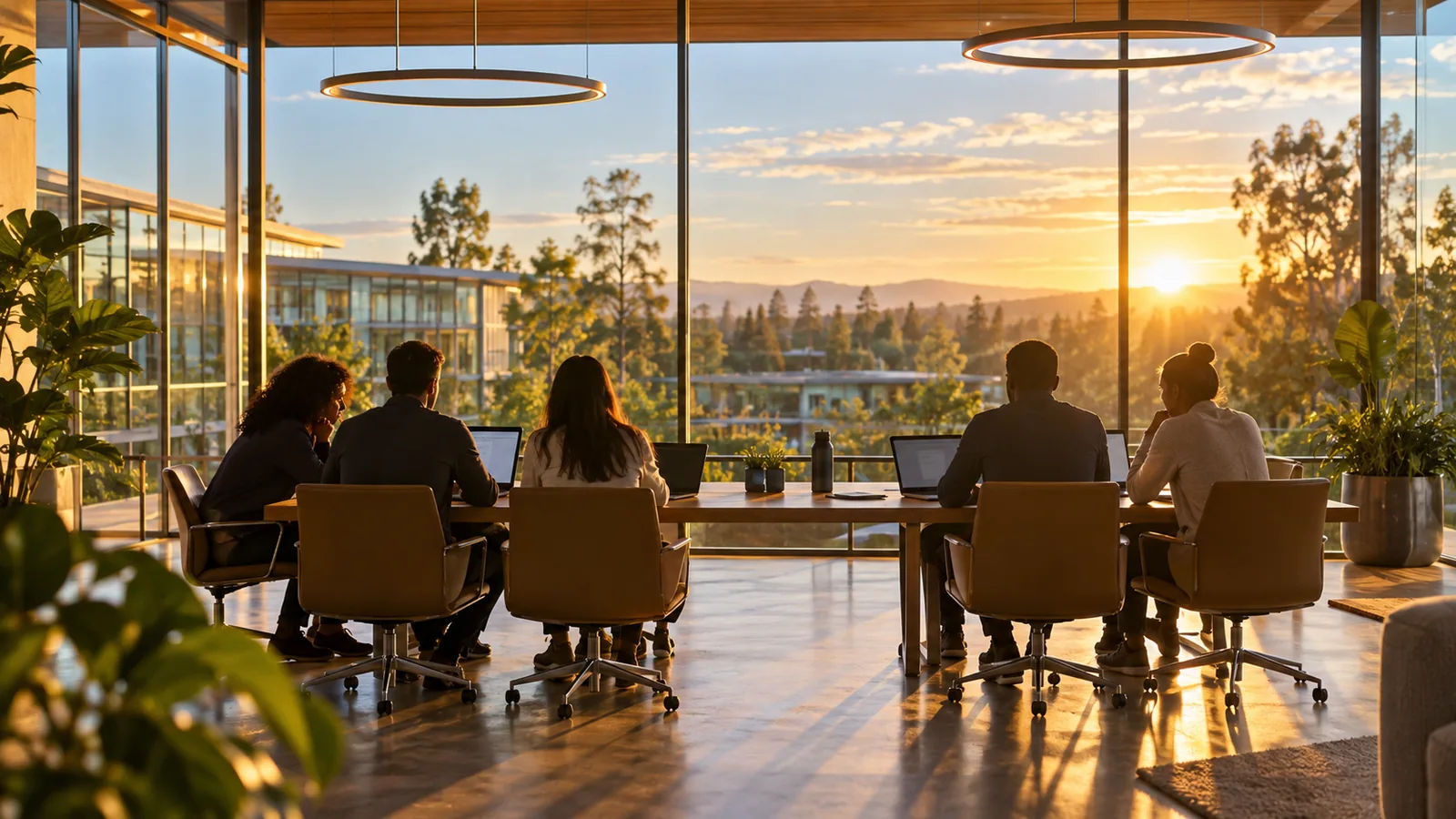 Two groups seen from behind at a long table in a sunlit glass meeting room