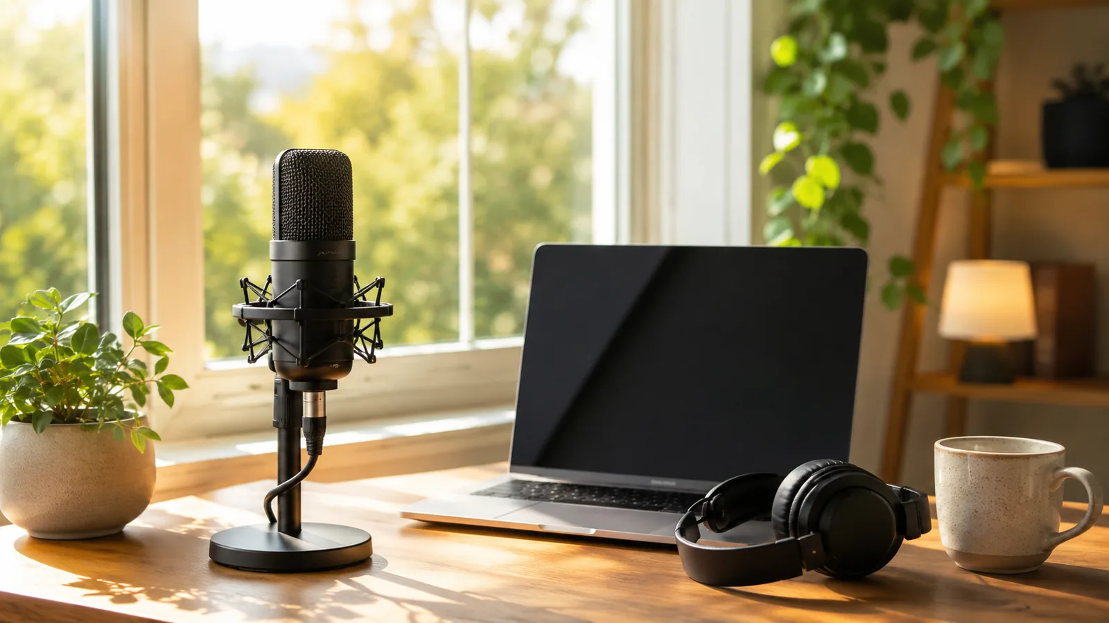 A microphone, laptop and headphones on a desk in warm morning light