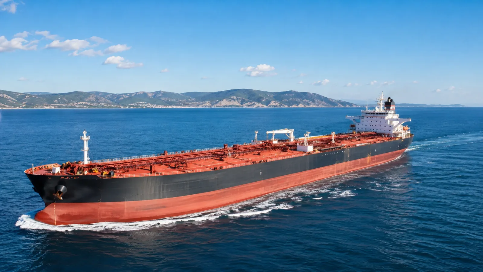 A large oil tanker on open blue sea under a clear sky, with a distant coastline on the horizon