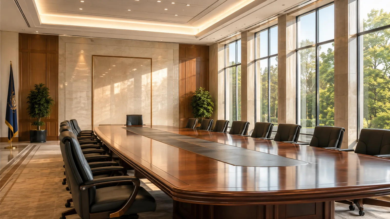 A government conference room in morning light, a long polished table and empty chairs beside tall windows