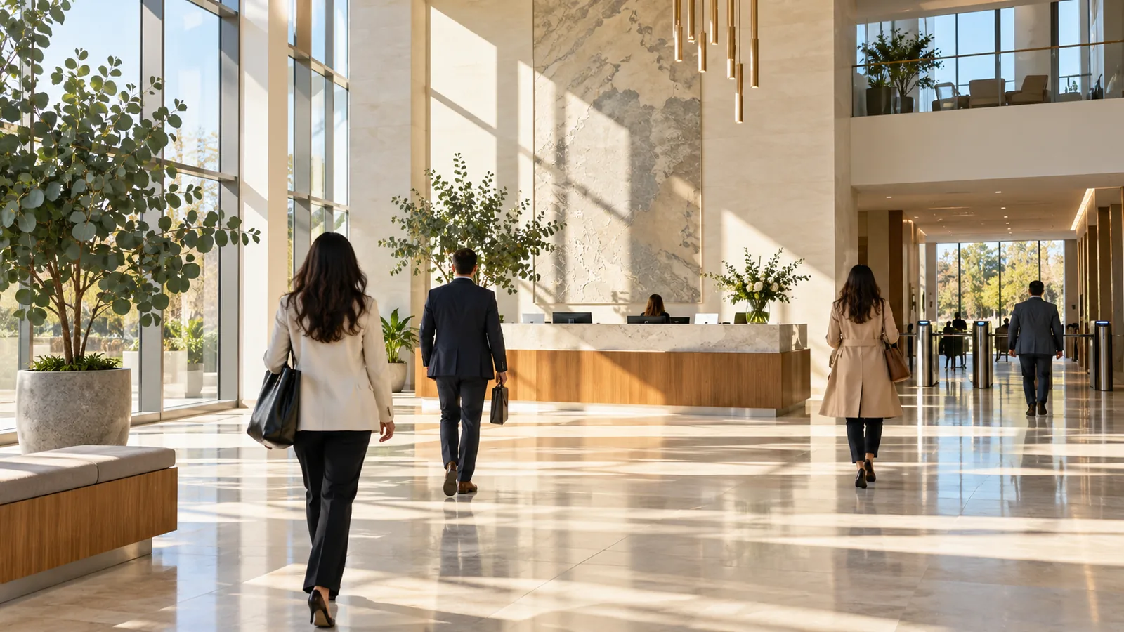A sunlit government office lobby with people seen from behind passing a reception desk and potted eucalyptus