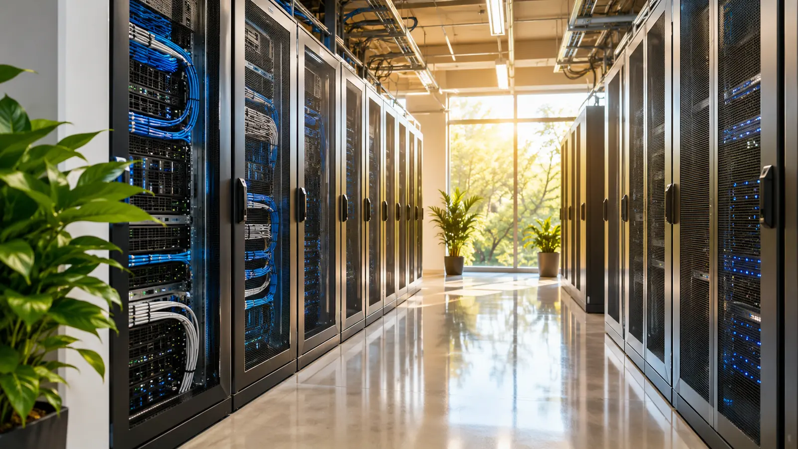 A bright server room aisle in daylight, rows of cabinets with tidy blue and white cabling and a large sunlit window at the end