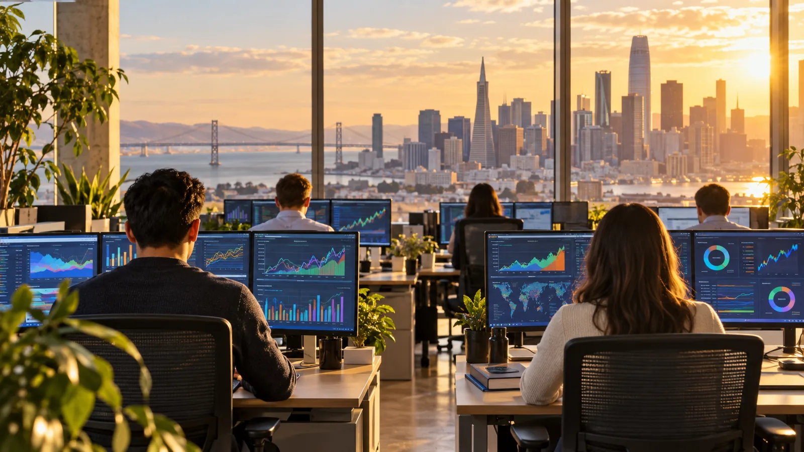 Analysts seen from behind watching trend-line charts in a sunlit office