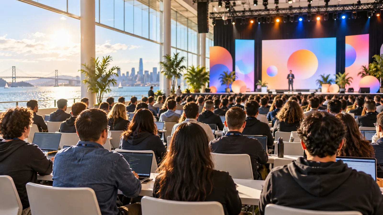 Developers with laptops seen from behind watching a stage in a bright waterfront event hall