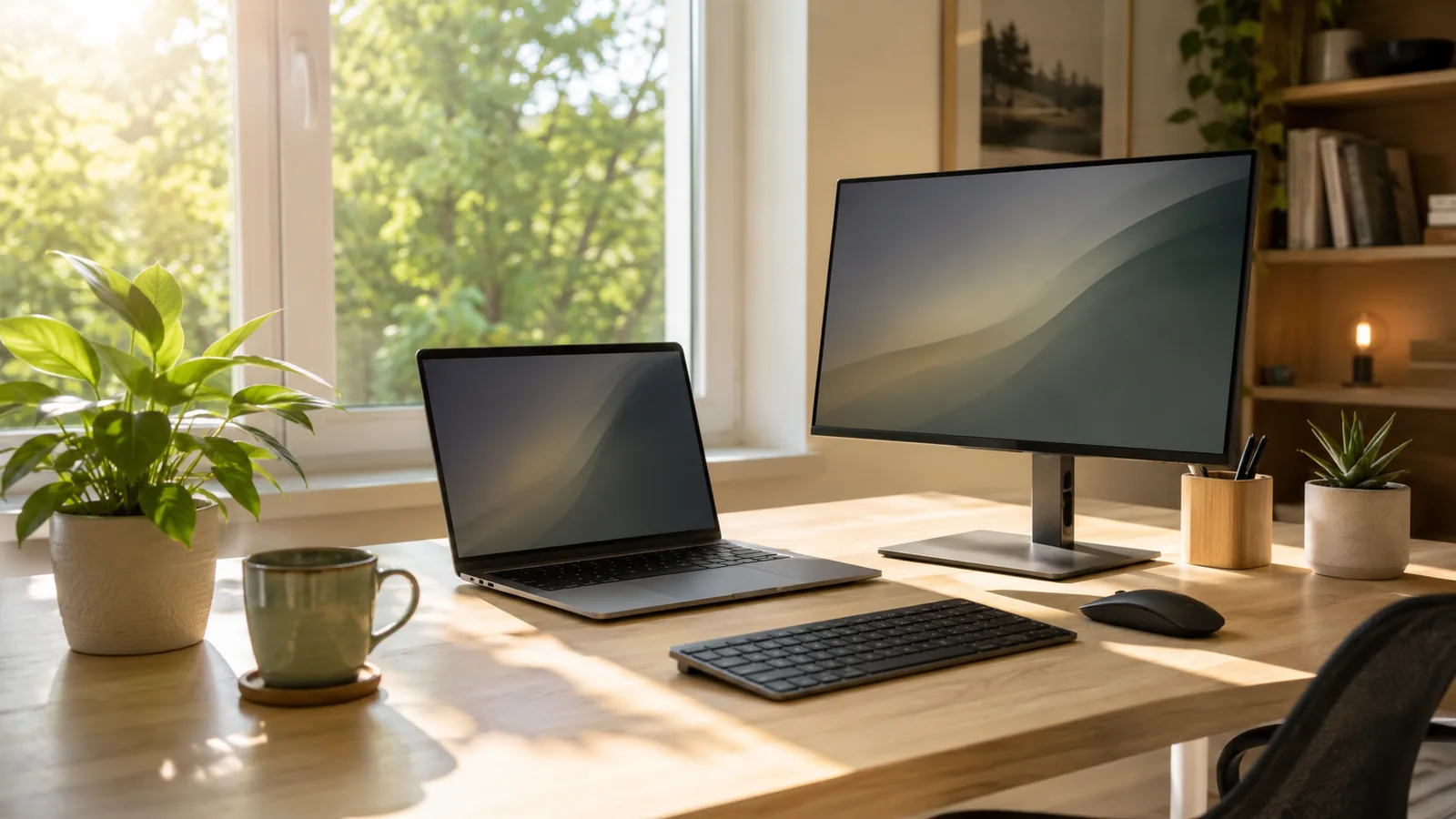 A tidy desk by a large window in warm morning sunlight, with a laptop, second monitor, keyboard, mouse, plant and mug