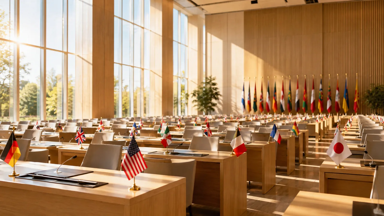 An empty international conference hall in warm morning light, rows of desks each with a small flag stand