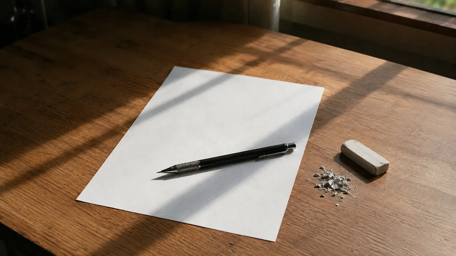 A blank sheet, a pencil, eraser shavings — numbers being rewritten