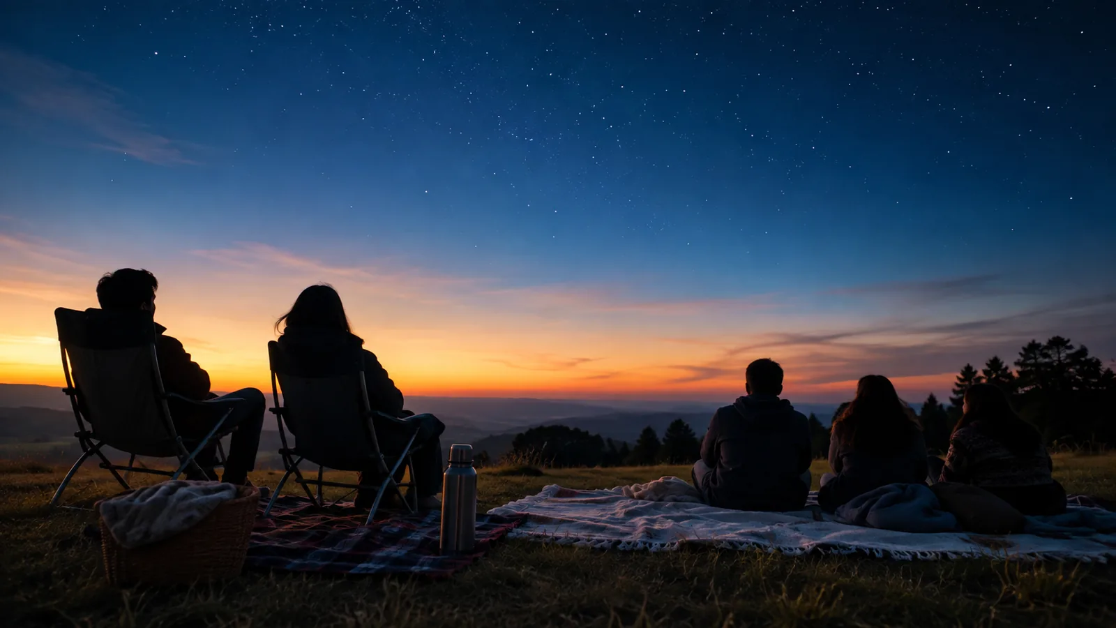 People on mats and reclining chairs in a field at dusk, looking up at a twilight sky