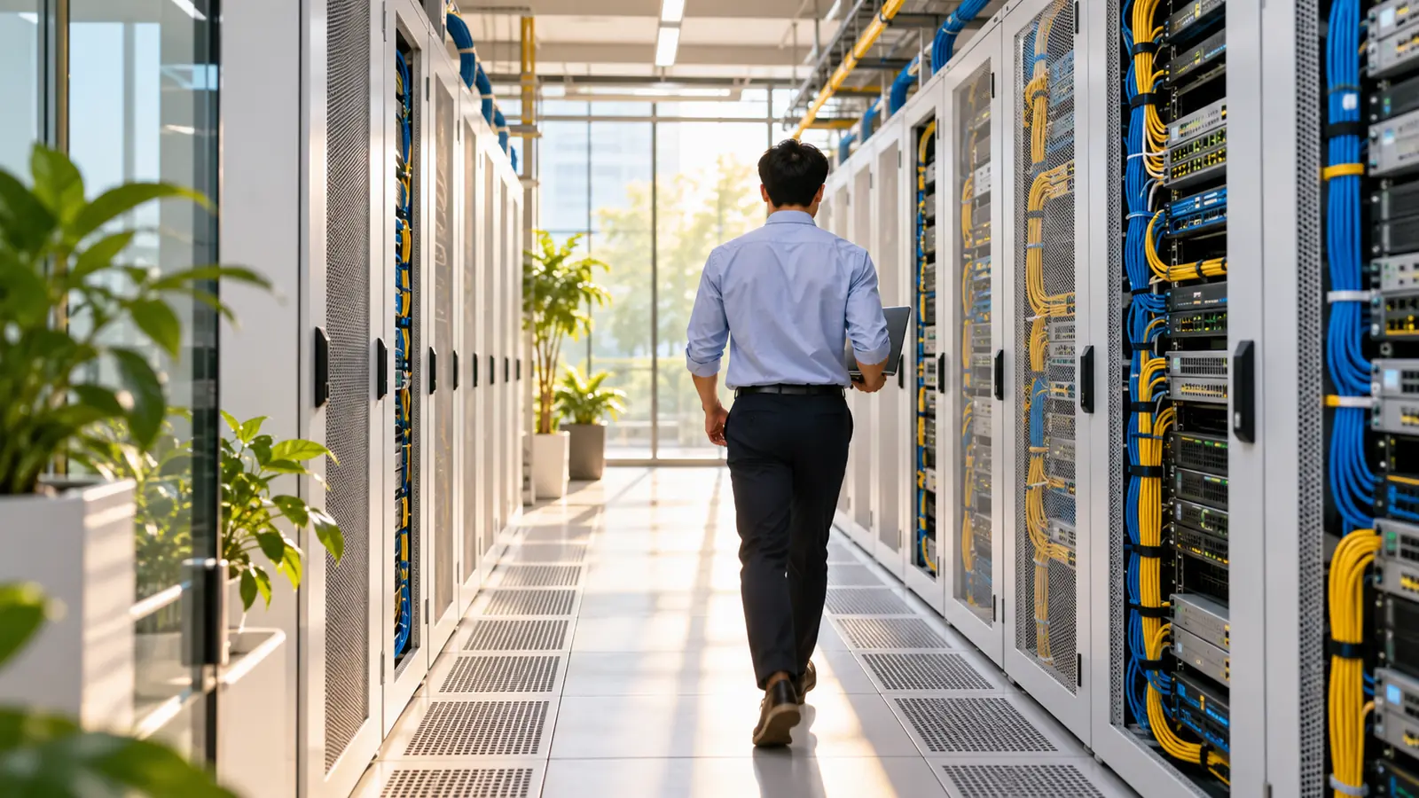An engineer seen from behind walking down a bright server room aisle with a laptop