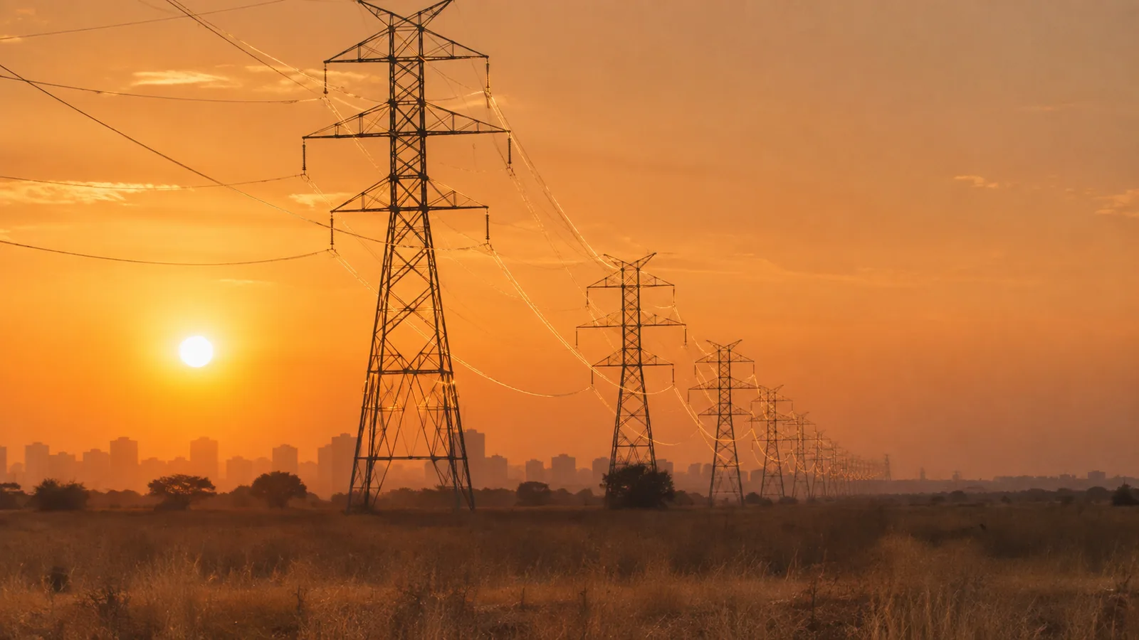 Transmission towers receding into summer haze at sunset