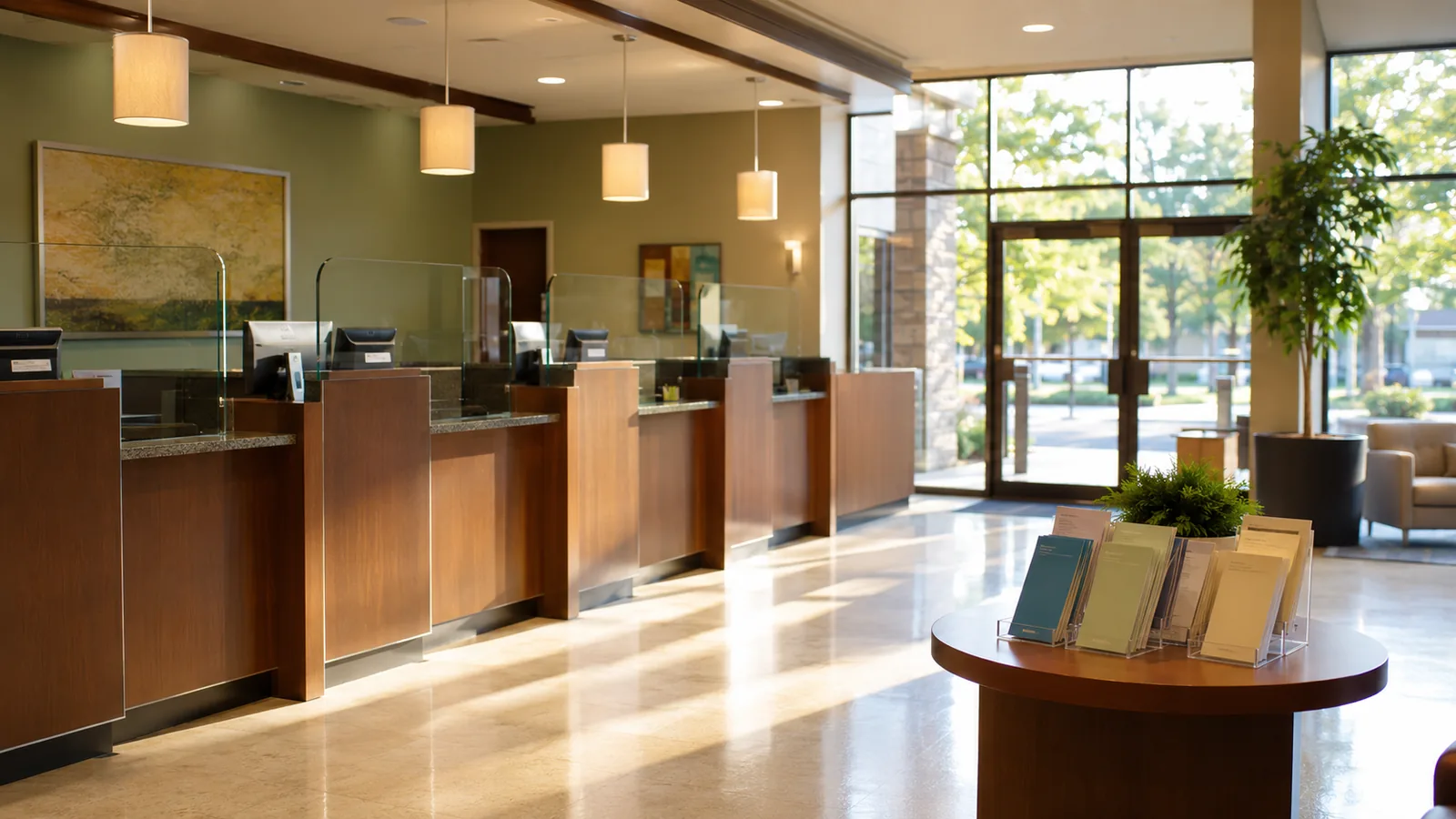 A bank branch after closing — lowered blinds over empty teller windows