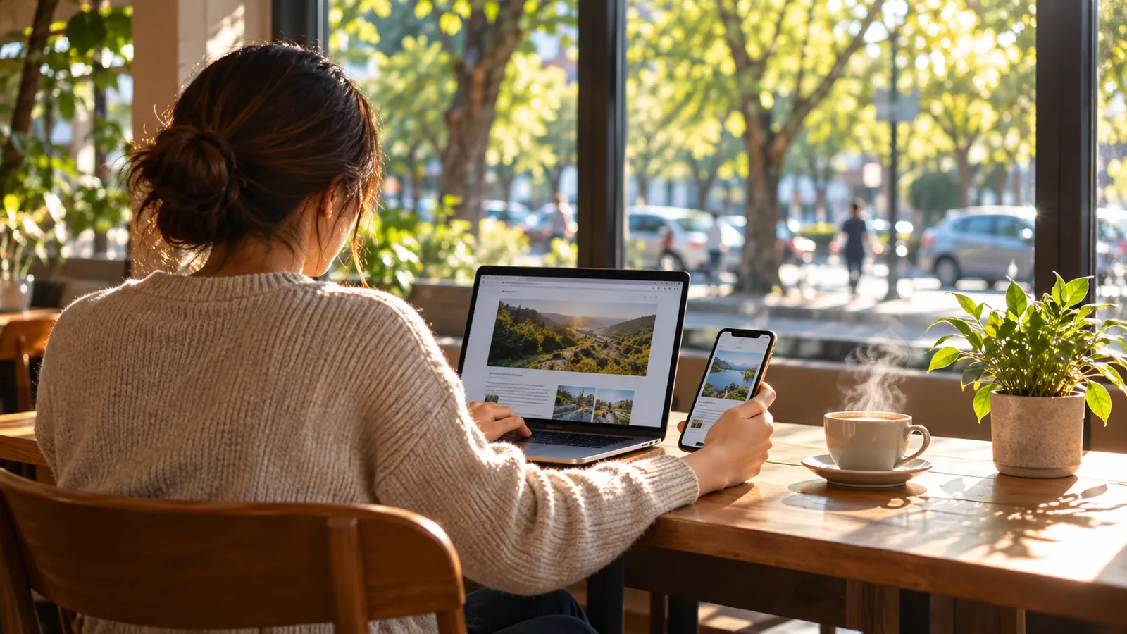 A person seen from behind reading on a laptop and phone at a sunlit cafe window