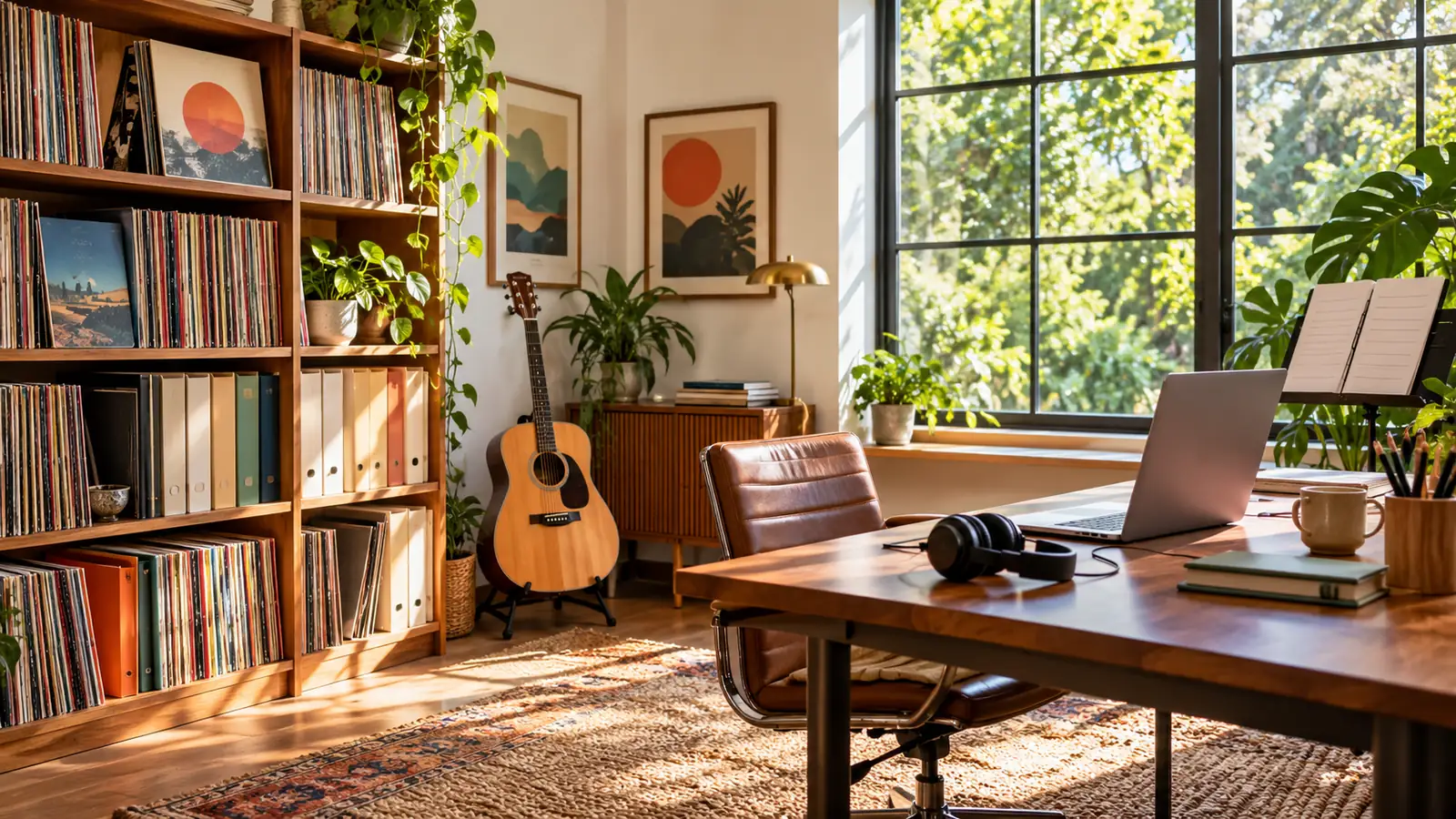 Shelves of vinyl records and a guitar in a sunlit music publishing office