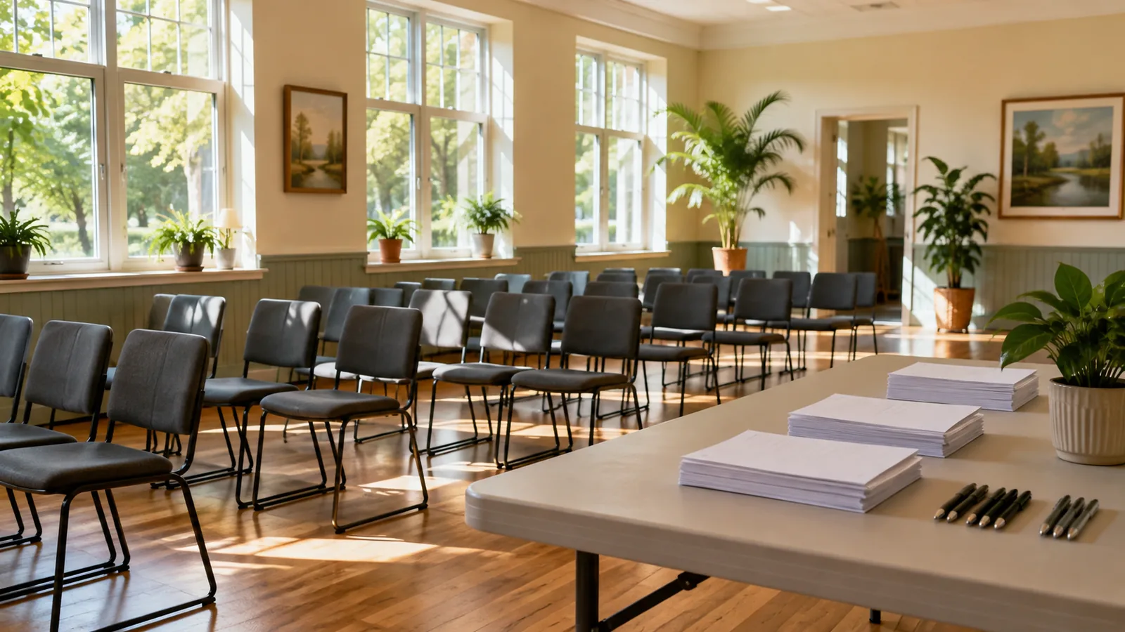 A sunlit community hall arranged for a members' meeting