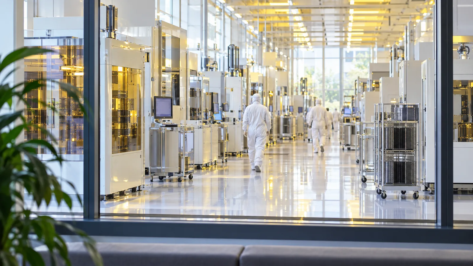 Engineers in white cleanroom suits seen from behind in a bright chip fab