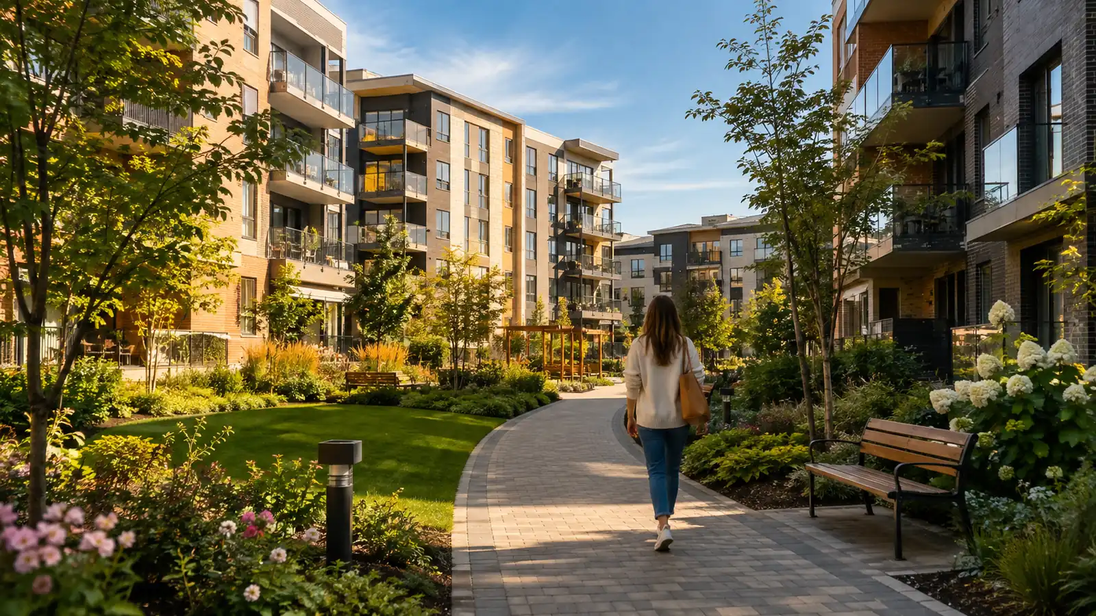 A mid-rise apartment complex courtyard in morning light, a resident walking away