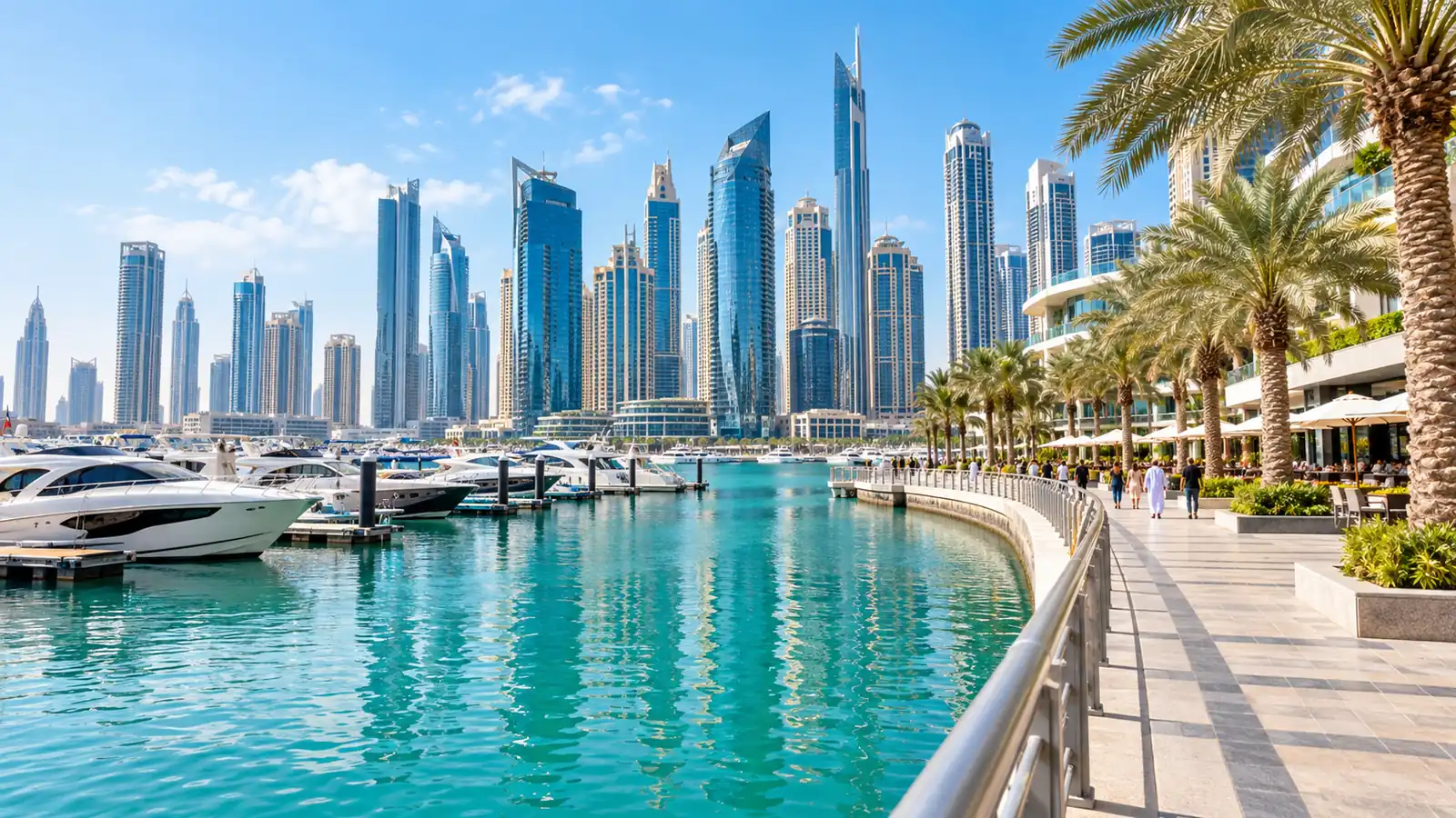 Glass towers and palm trees along a Gulf city marina on a clear morning