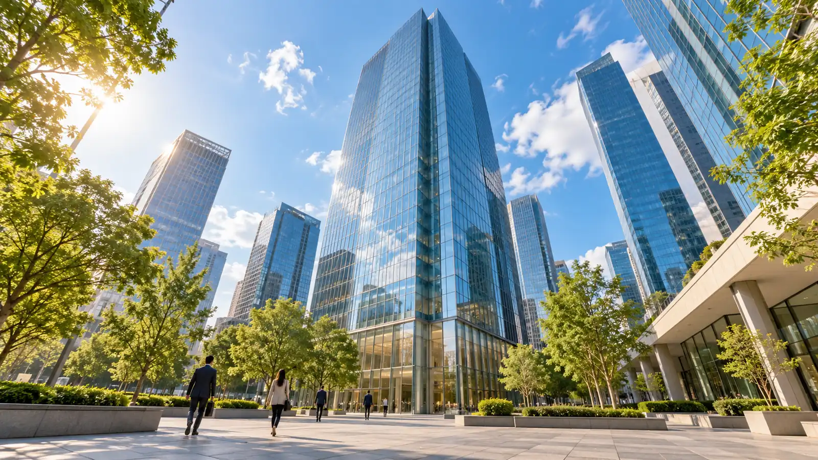 A glass office tower in a financial district on a clear morning, with people crossing a plaza