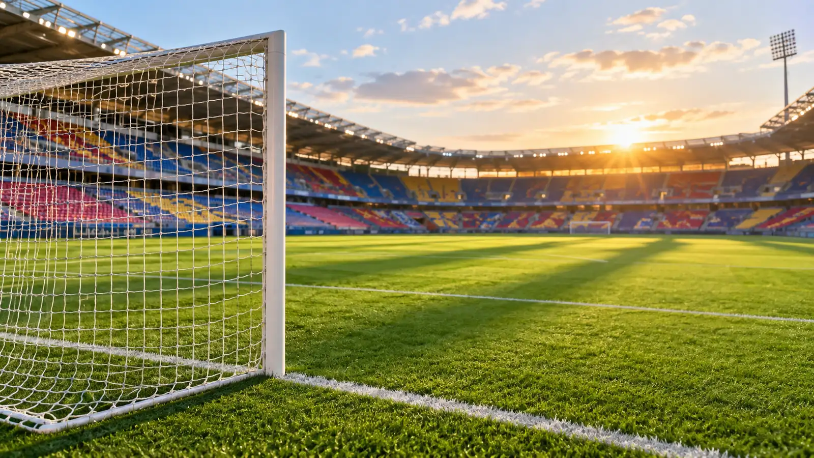 A football pitch in late afternoon sun with crisp white lines and an empty goal in the foreground