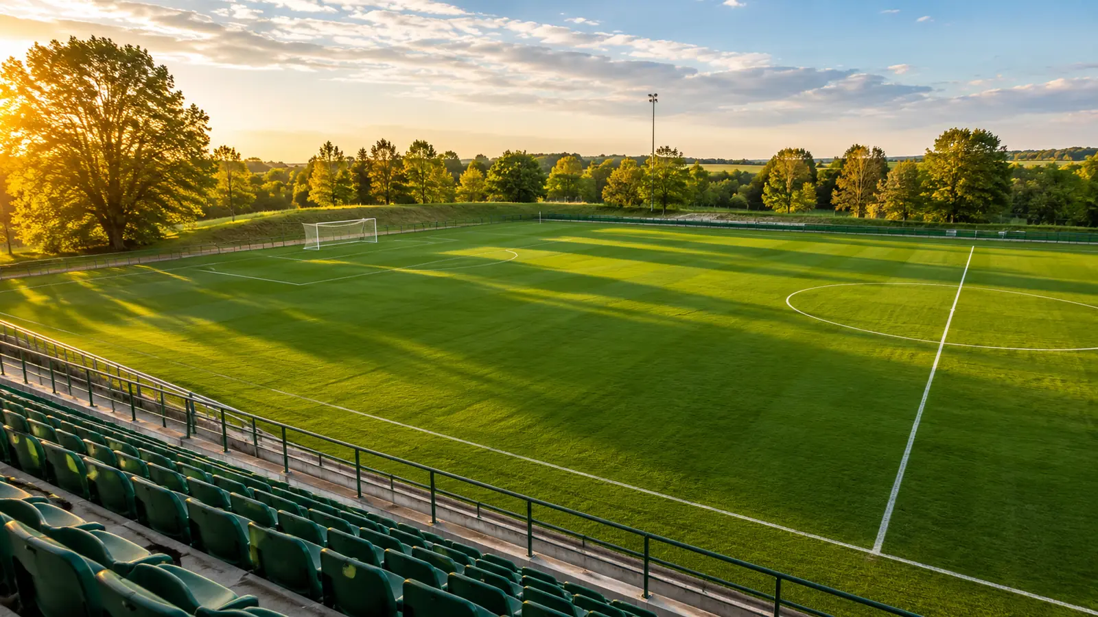 A green football pitch in late-afternoon golden light seen from high in empty stands, one goal frame in the distance