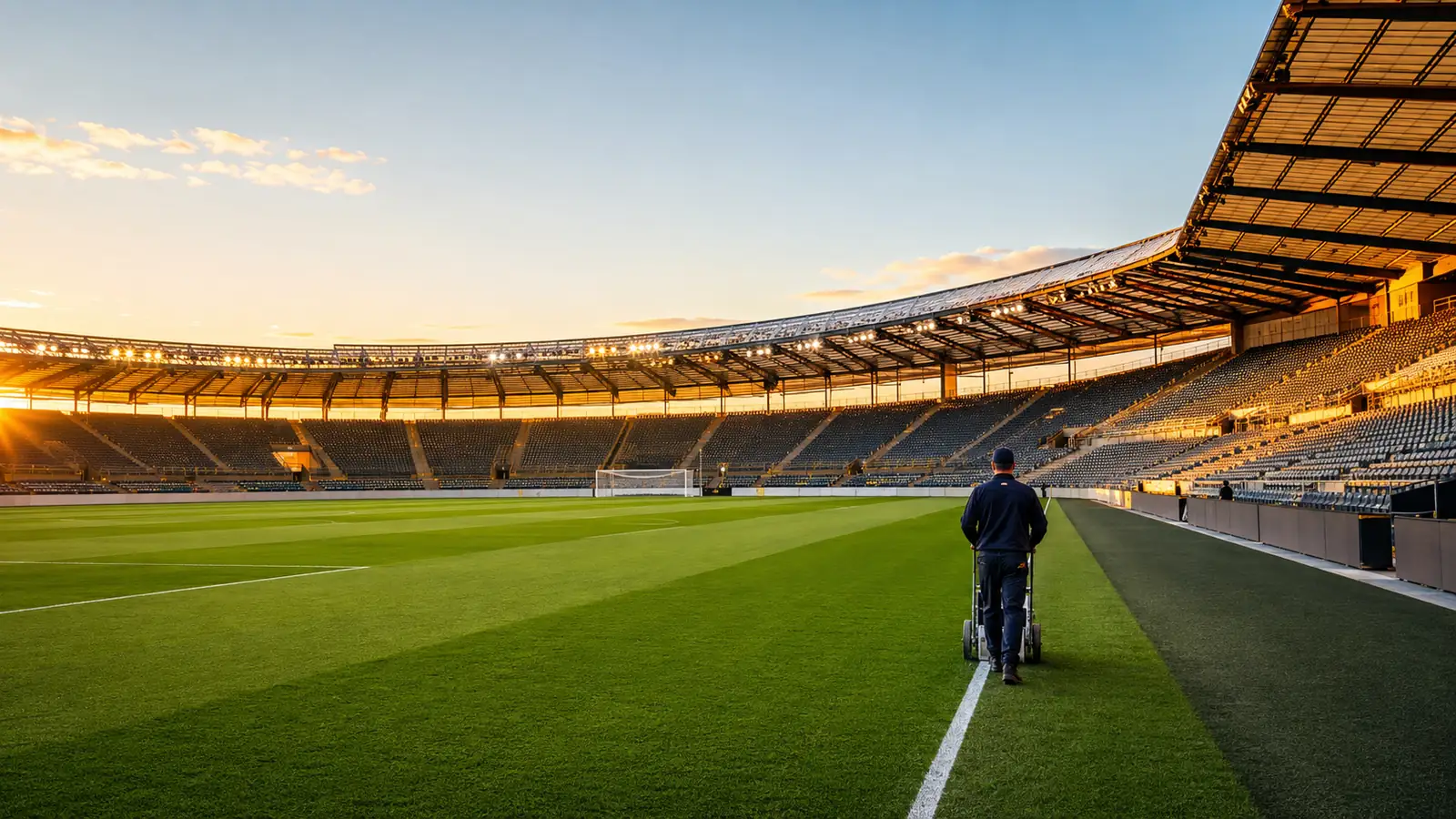 A football stadium in early-evening light, striped pitch and an empty goal