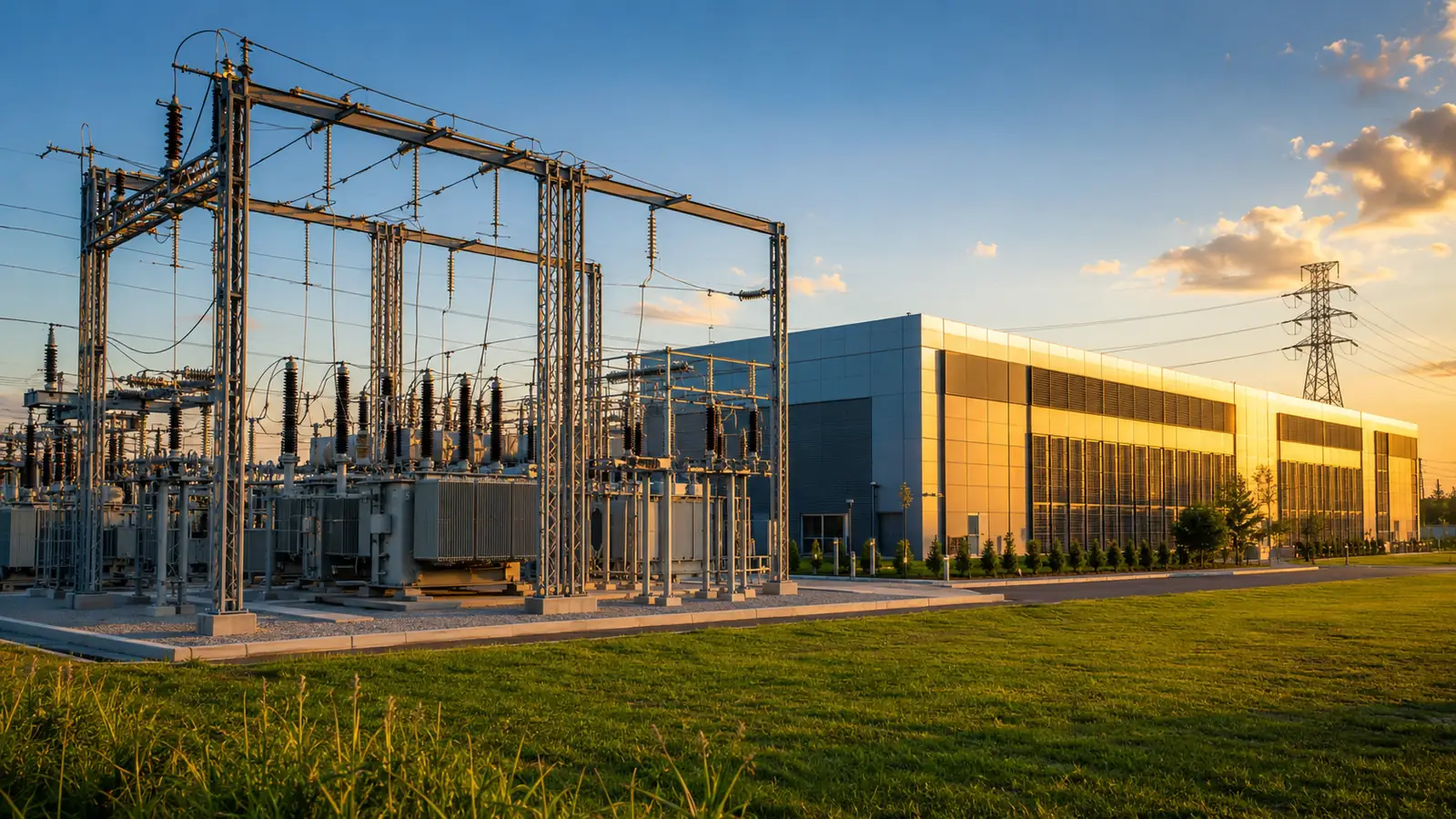 A substation and data center at dusk — infrastructure's new pairing