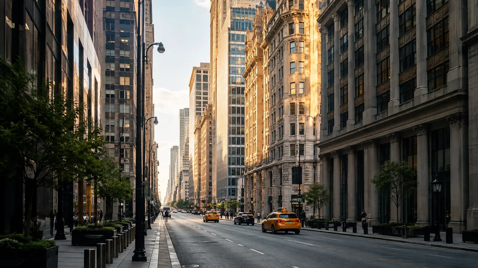 A downtown street canyon in late-afternoon light with golden sun on the upper facades and traffic in the distance