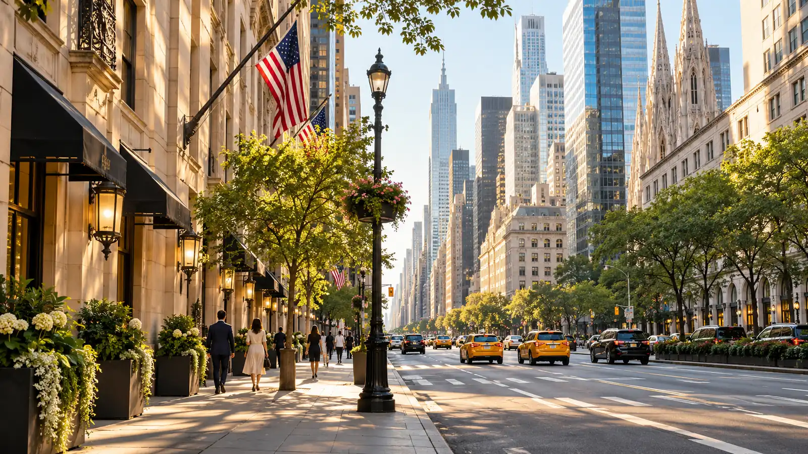 A wide city avenue in late-summer daylight, stone and glass buildings, taxis and distant pedestrians