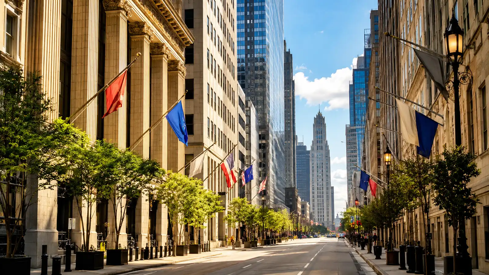 A wide avenue between tall stone and glass buildings in a financial district in clear morning sunlight