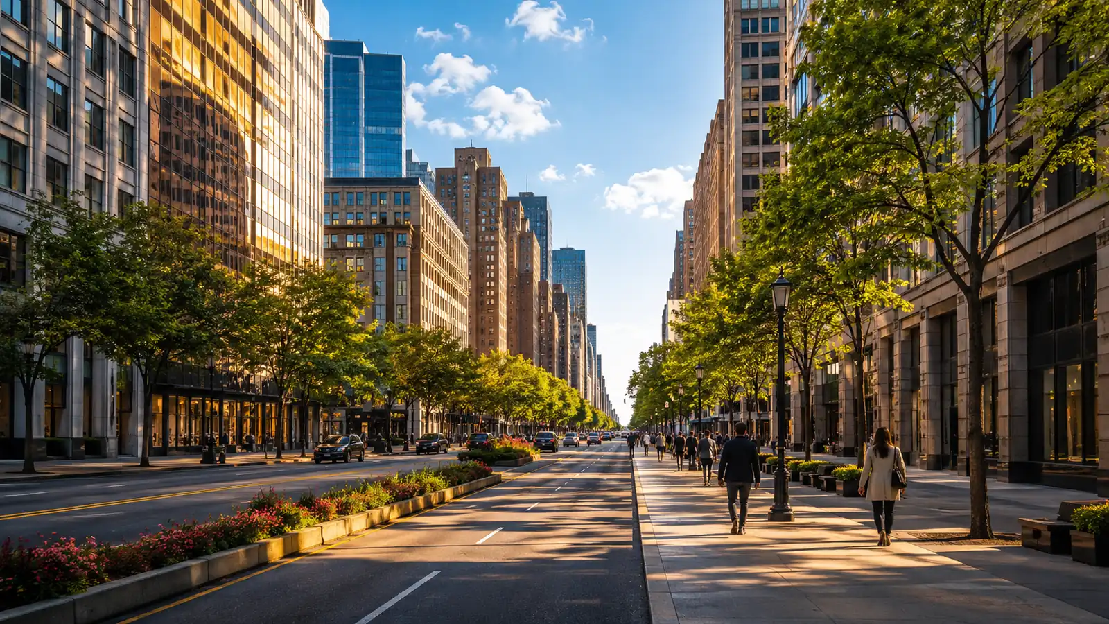 A wide city avenue of tall office buildings in warm late-afternoon light, with pedestrians far away seen from behind