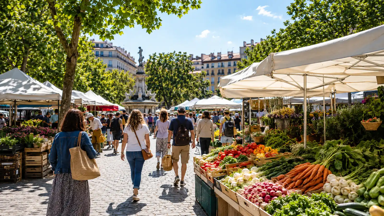 An open-air farmers market in a city square at midday, produce stalls and shoppers seen from behind