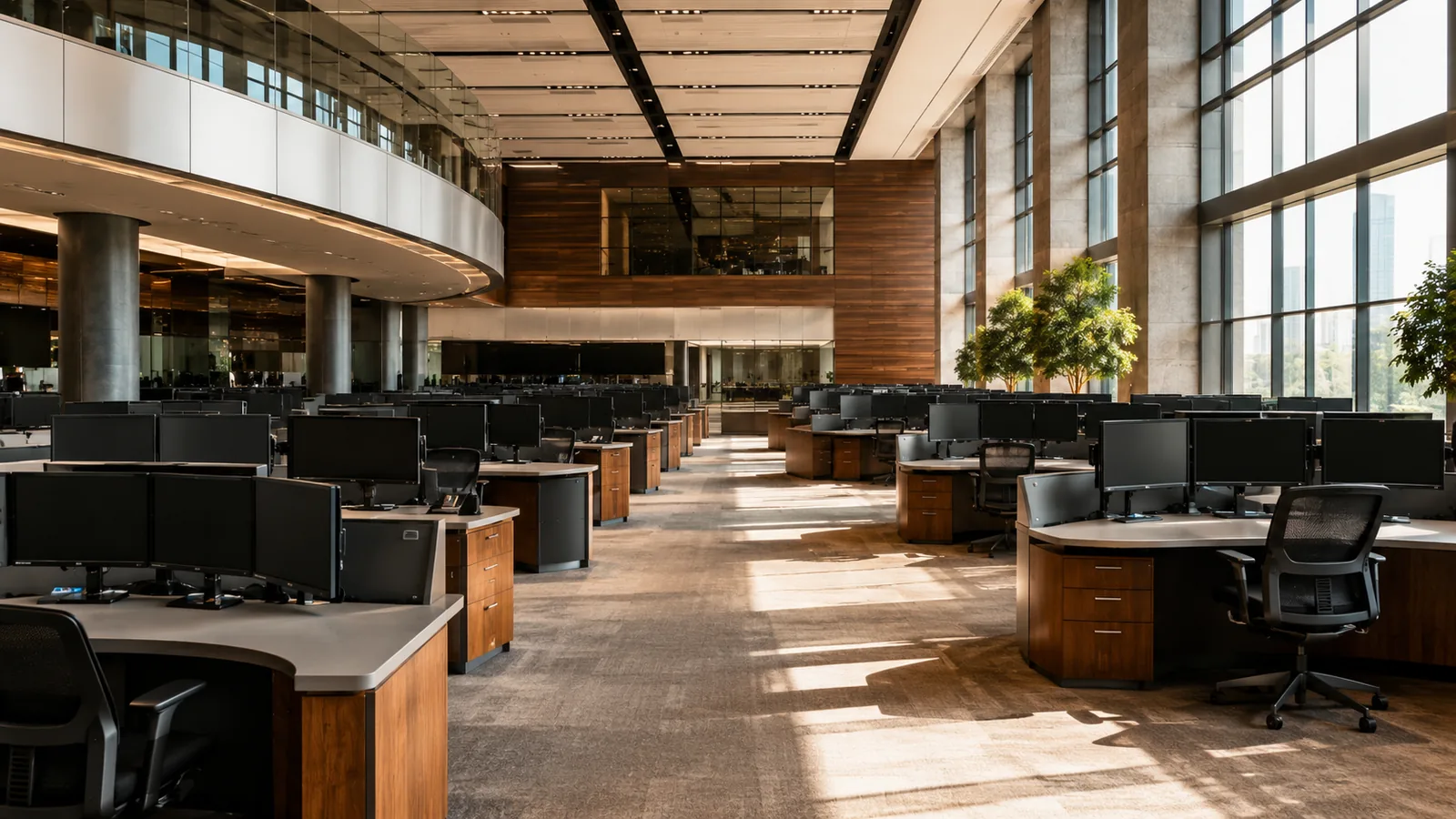 A wide trading floor in mid-morning daylight, rows of empty desks and blank monitors under high windows