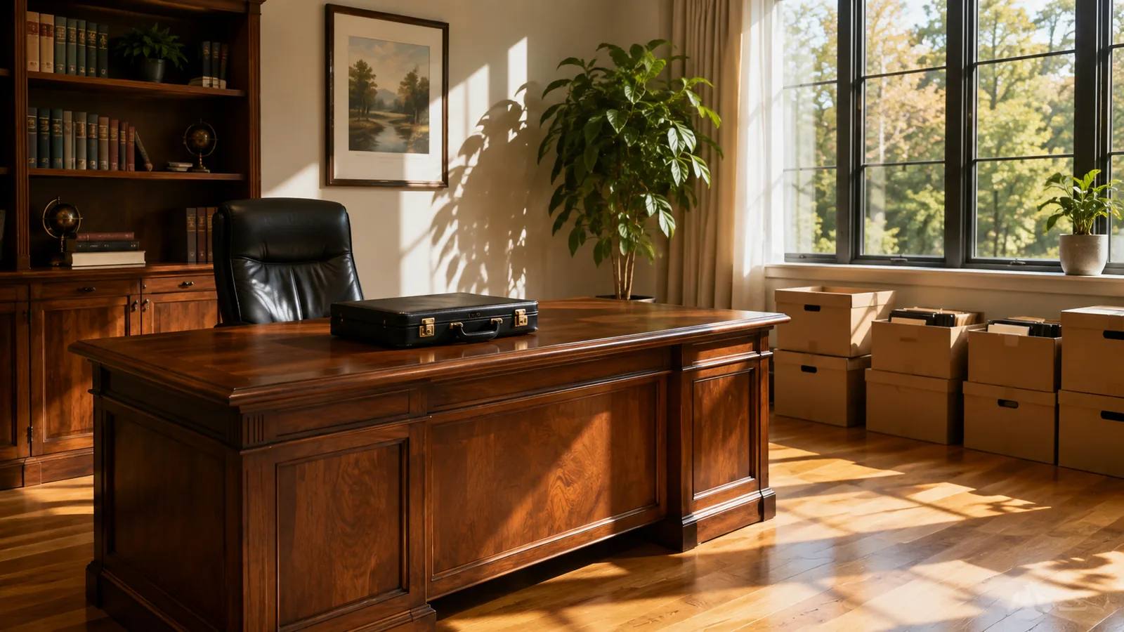 An office awaiting its new occupant — one briefcase on a bare desk