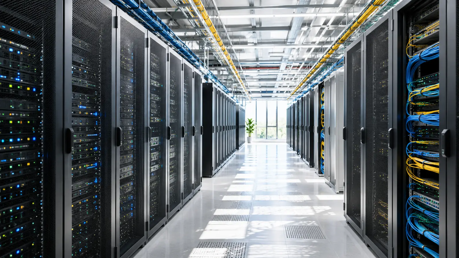 A bright data centre corridor with rows of server cabinets receding down a pale reflective aisle