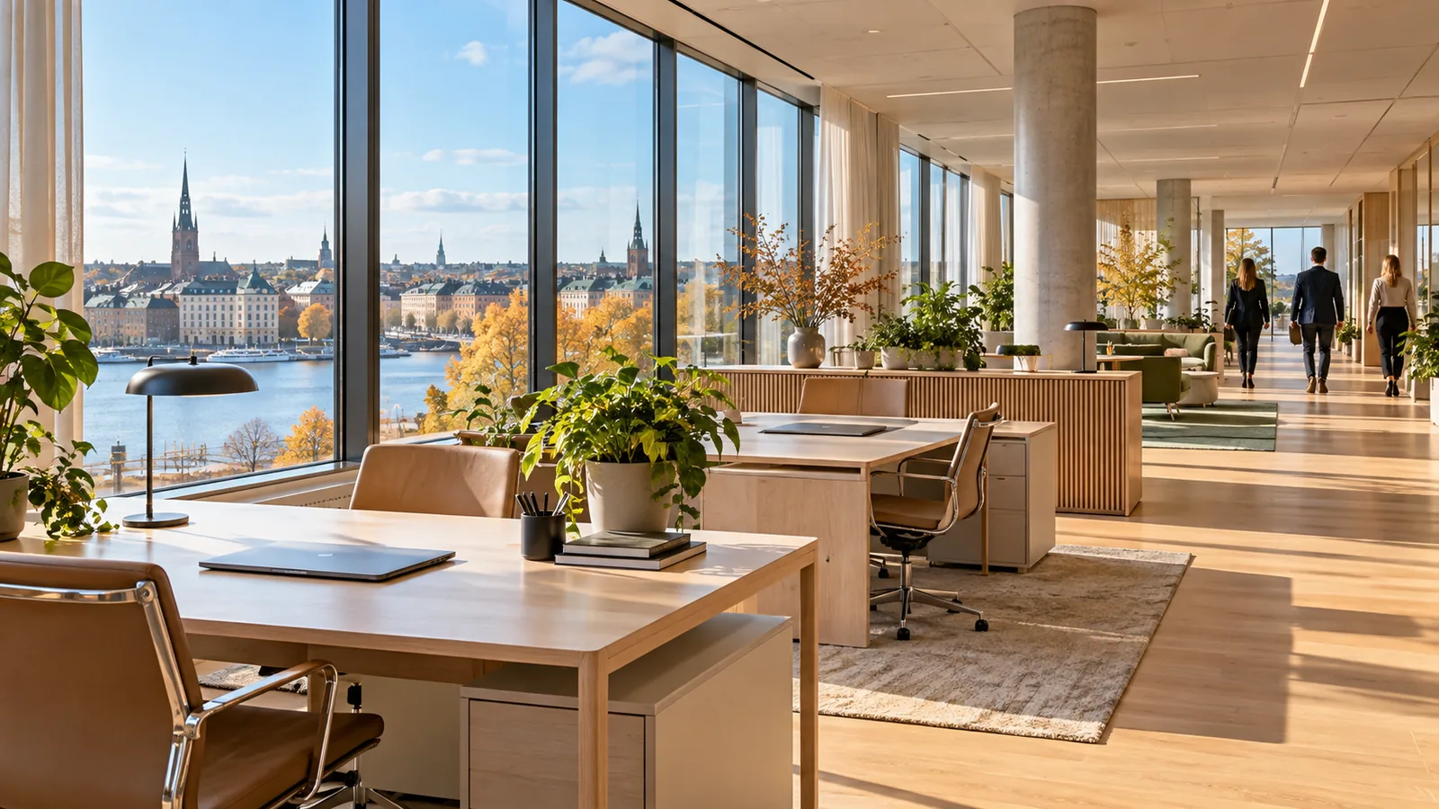 A Scandinavian-style government office in autumn sunlight overlooking a waterfront city