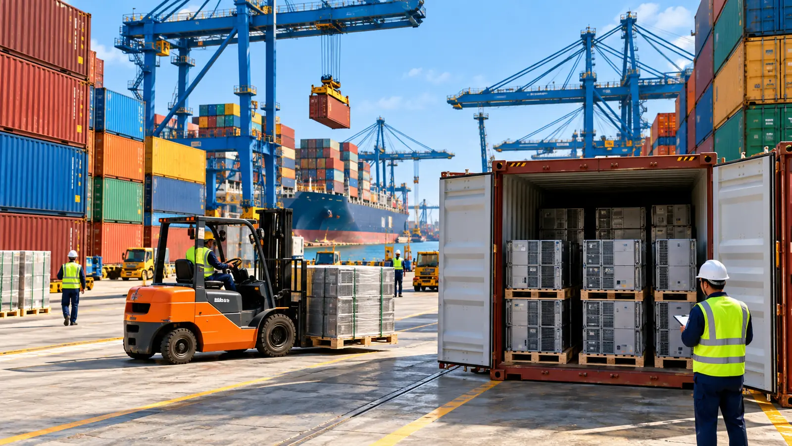 A customs inspection area at a sunny port with server boxes in an open container