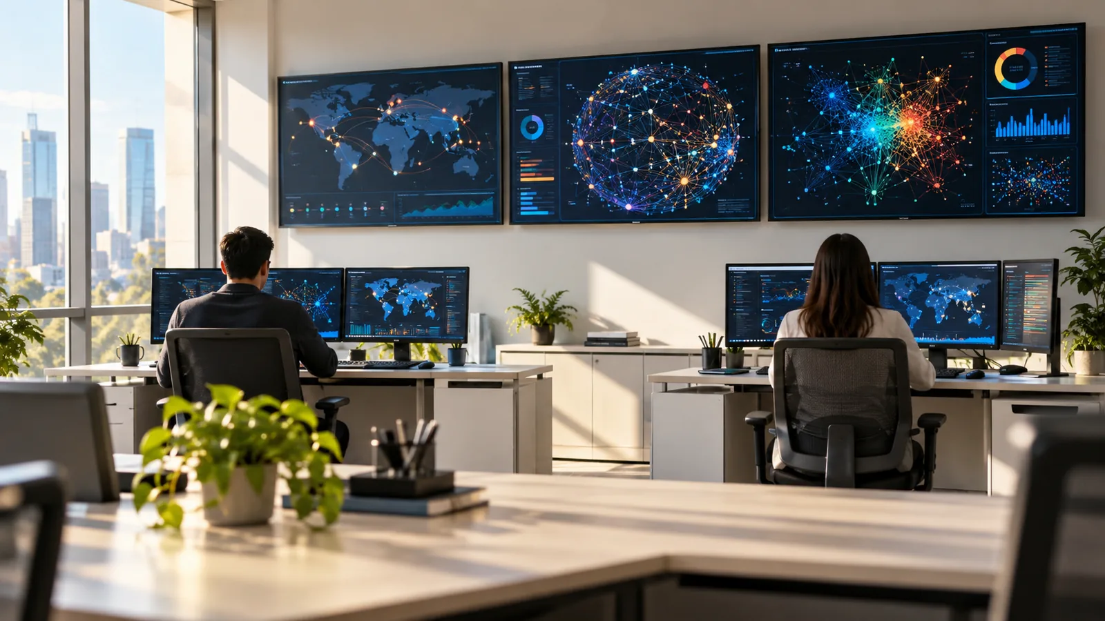 A sunlit security operations room with three large monitors showing abstract network graphs and two analysts seen from behind