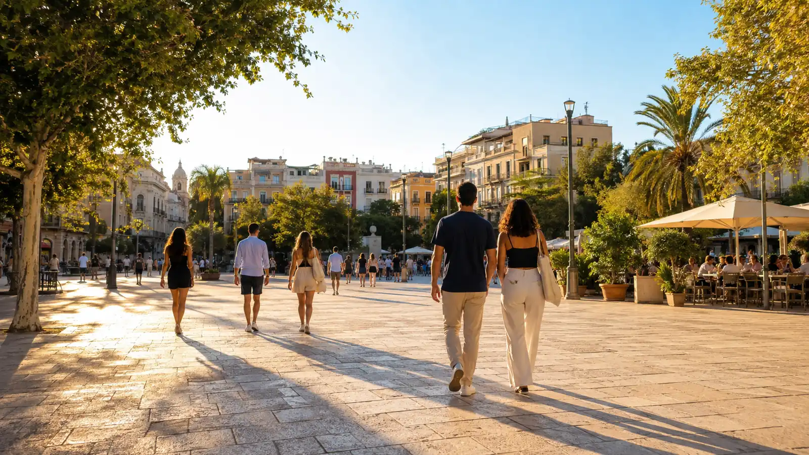 A sunlit city square in late afternoon, people walking in the distance and long tree shadows