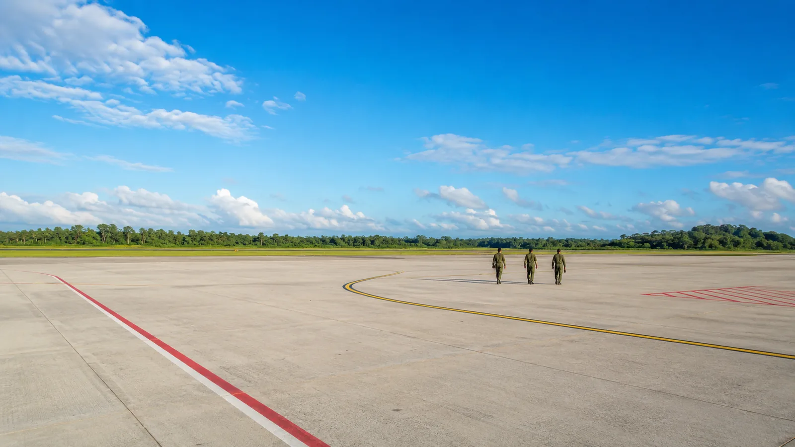 A wide airfield apron in morning sunlight with a distant treeline and small figures far away