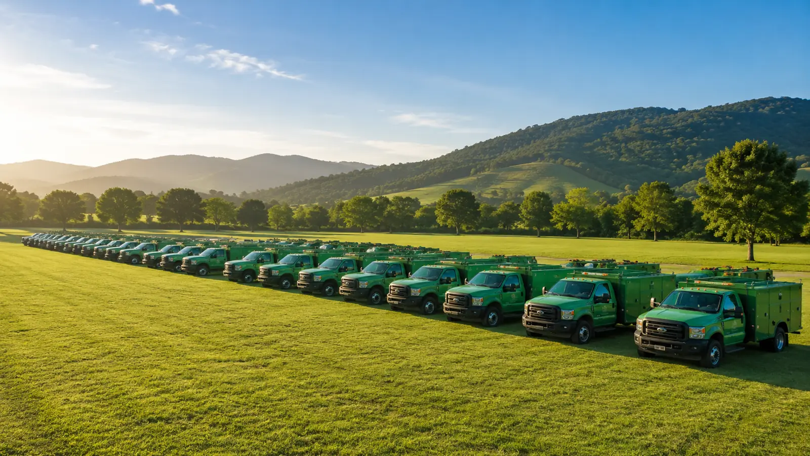 A wide training field under clear morning sky, rows of parked transport vehicles seen from a distance