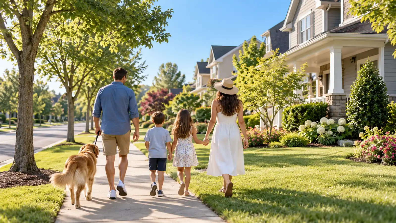 A sunny suburban American street with lawns and houses and a family walking on the sidewalk seen from behind