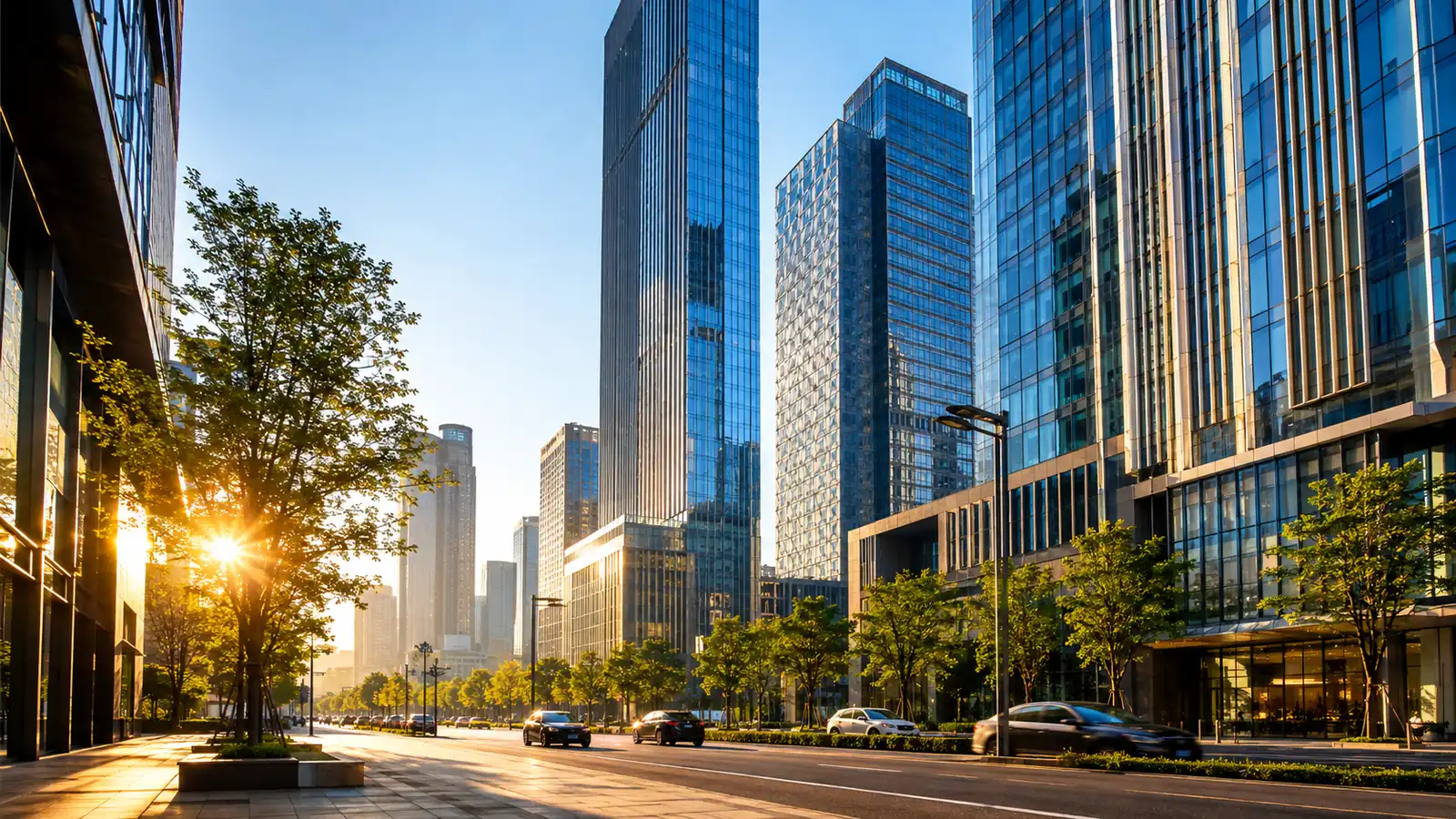 Glass towers of a financial district in warm morning light above a wide street catching golden reflections